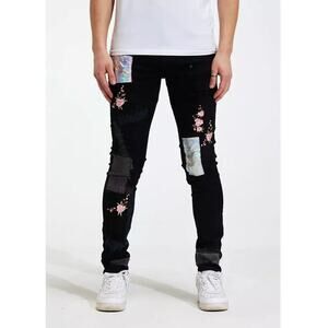 Crysp Denim Men's Embroidered Floral Patchwork Distressed Rip Skinny Fit Jeans